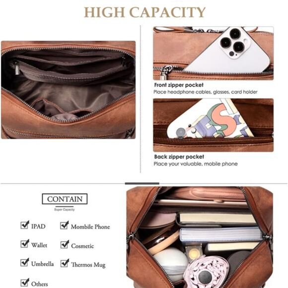 Backpack Purse for Womens, Waterproof PU Leather Backpacks Handbags - Picture 6 of 7